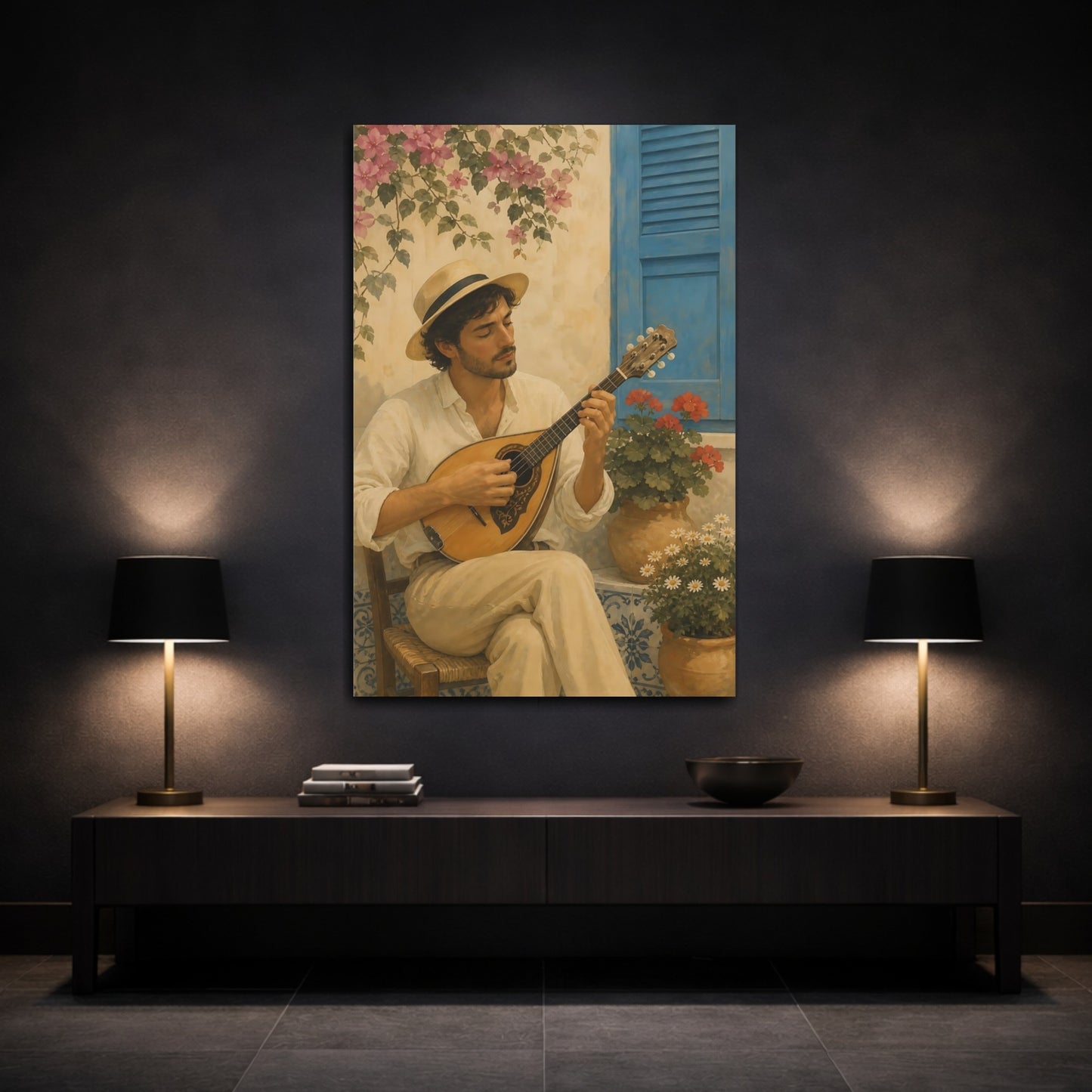 Mockup 3. Courtyard Mandolin Serenade shown as canvas print