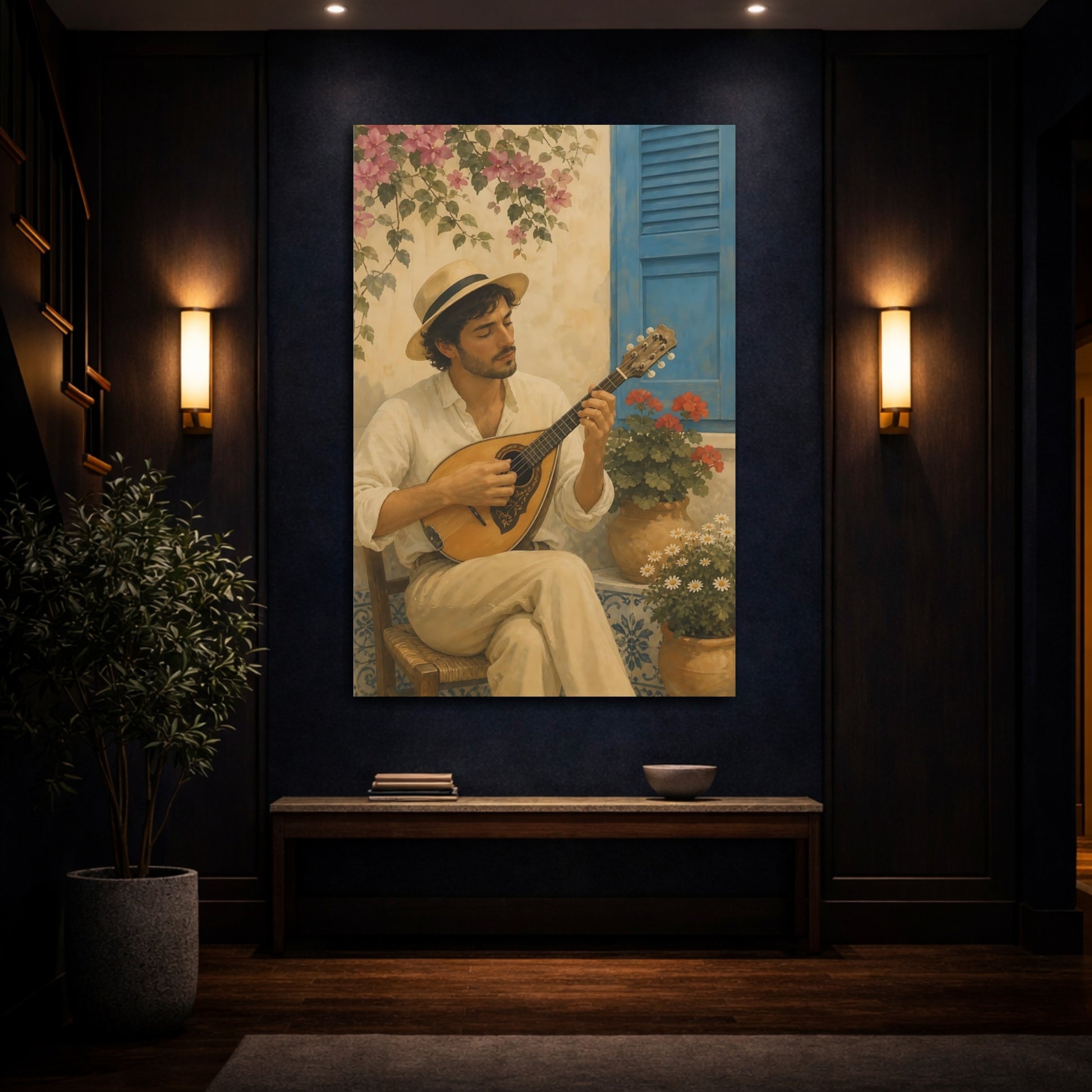 Mockup 4. Courtyard Mandolin Serenade shown as canvas print