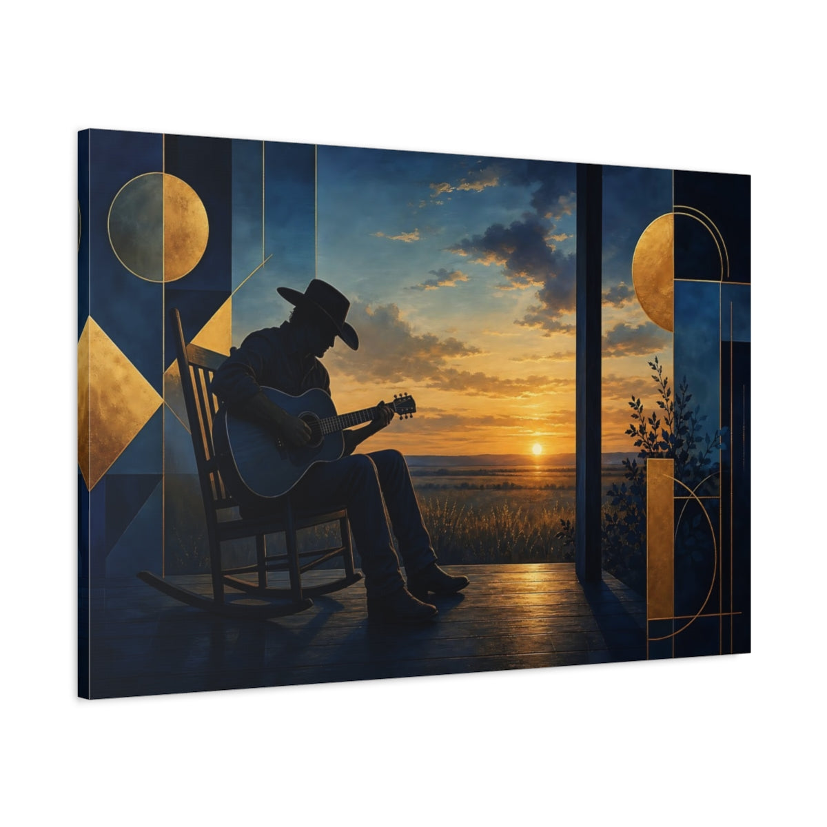 Main Mockup. Cowboy Guitar At Sunset shown as canvas print