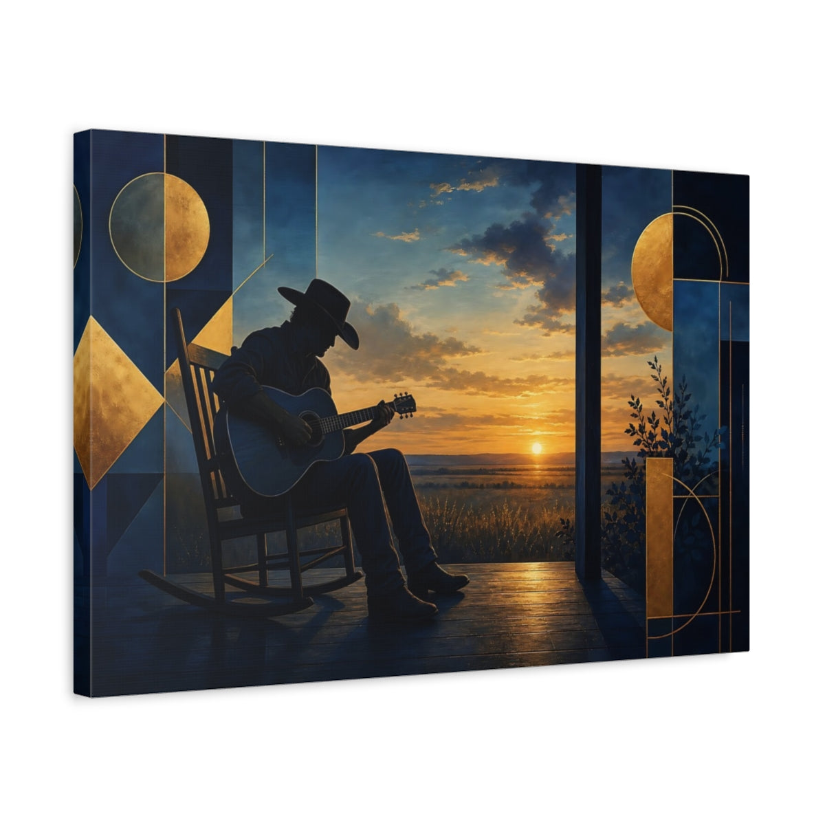 Side Mockup 3. Cowboy Guitar At Sunset shown as canvas print