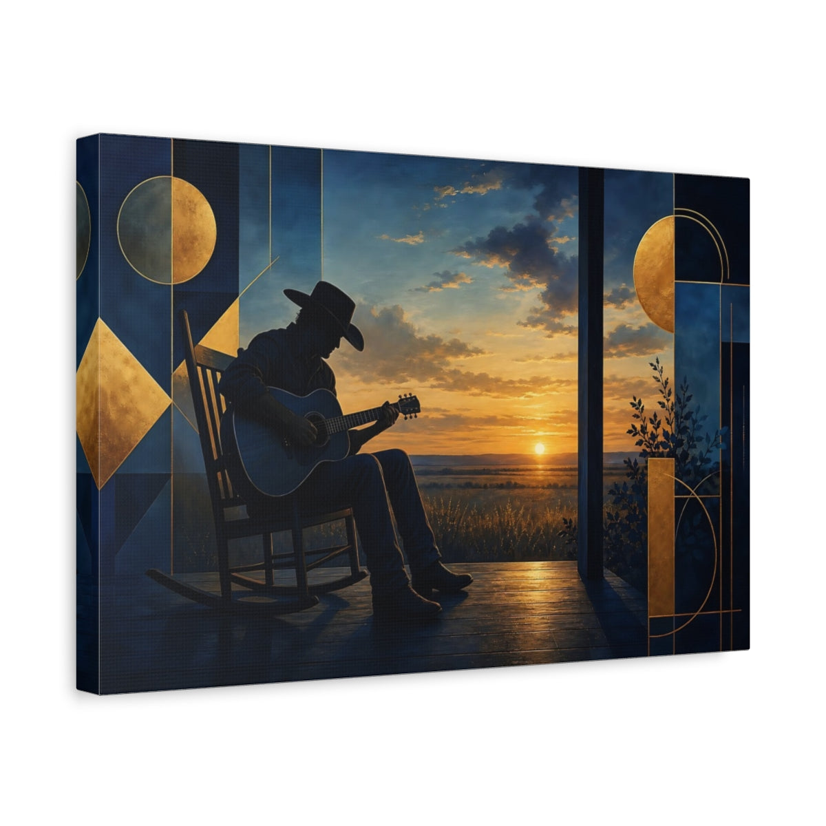 Side Mockup 4. Cowboy Guitar At Sunset shown as canvas print