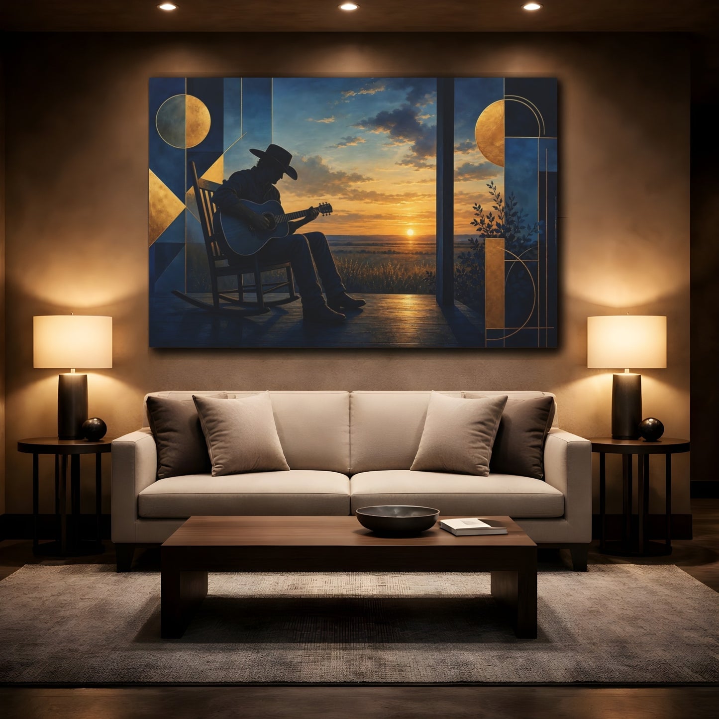 Mockup 2. Cowboy Guitar At Sunset shown as canvas print