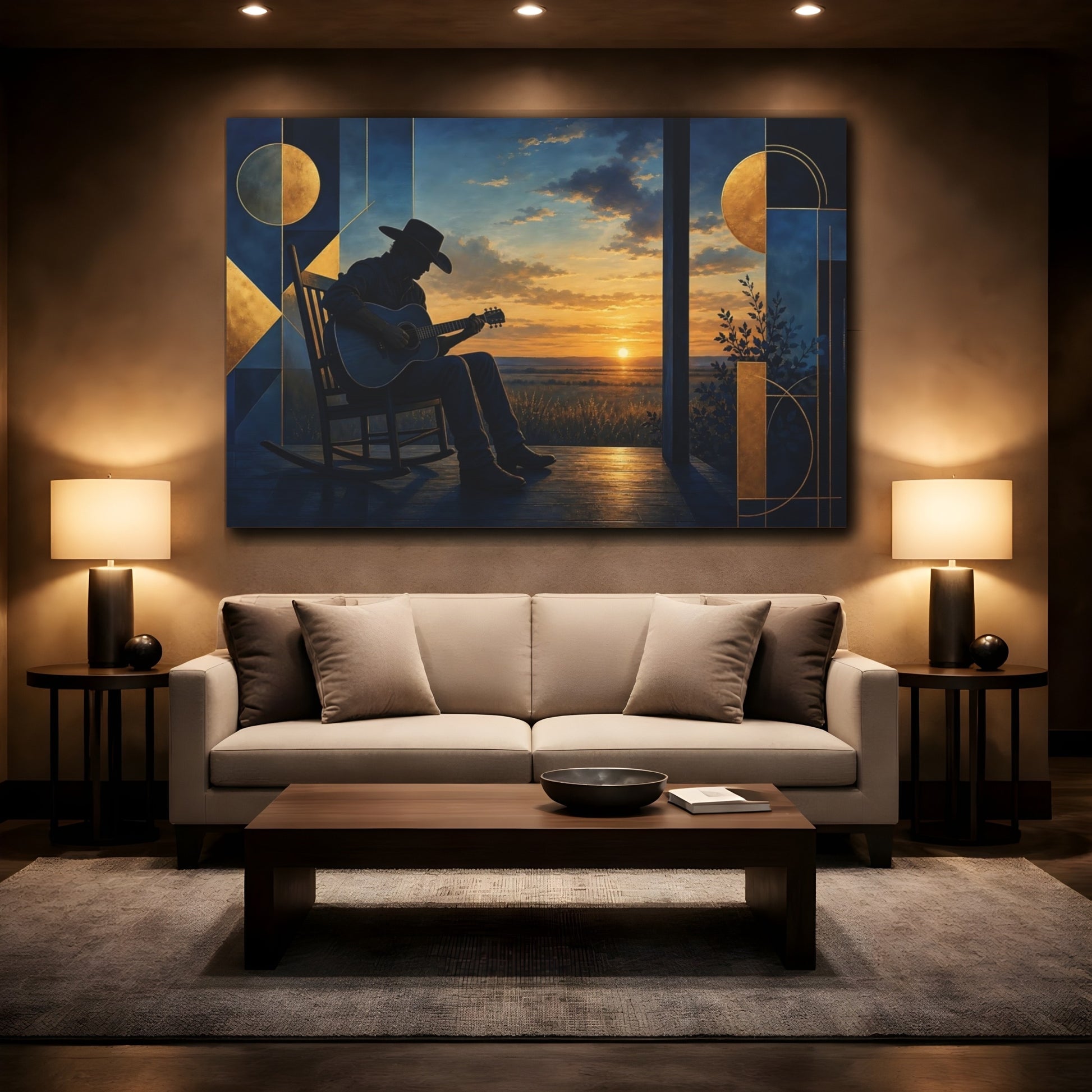 Mockup 2. Cowboy Guitar At Sunset shown as canvas print