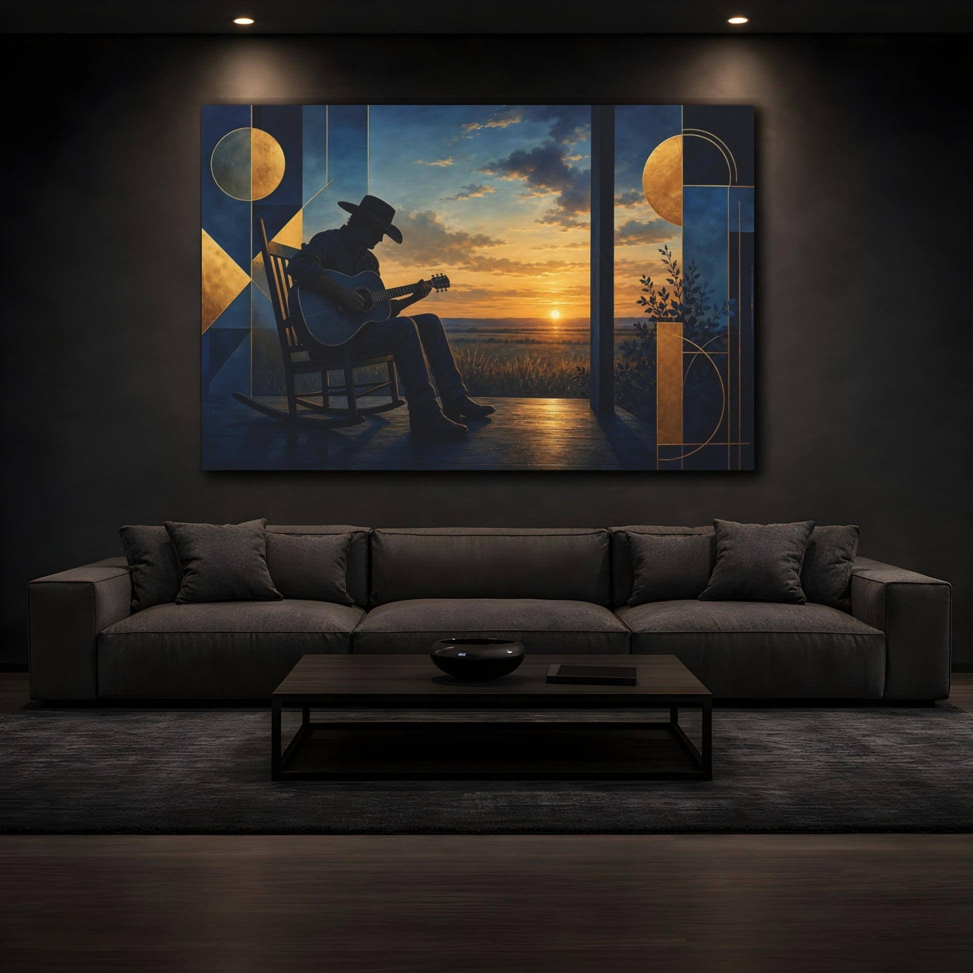 Mockup 3. Cowboy Guitar At Sunset shown as canvas print