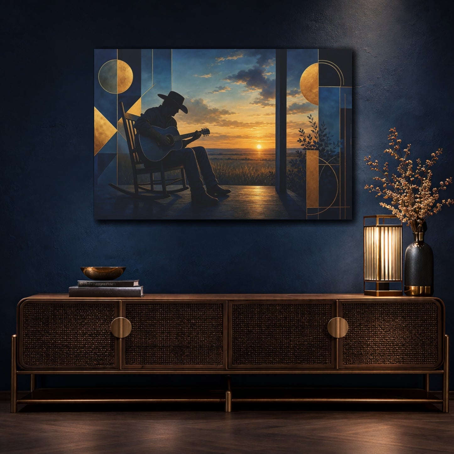 Mockup 4. Cowboy Guitar At Sunset shown as canvas print