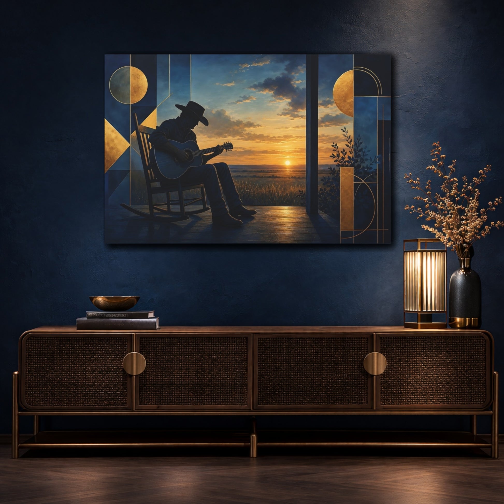 Mockup 4. Cowboy Guitar At Sunset shown as canvas print