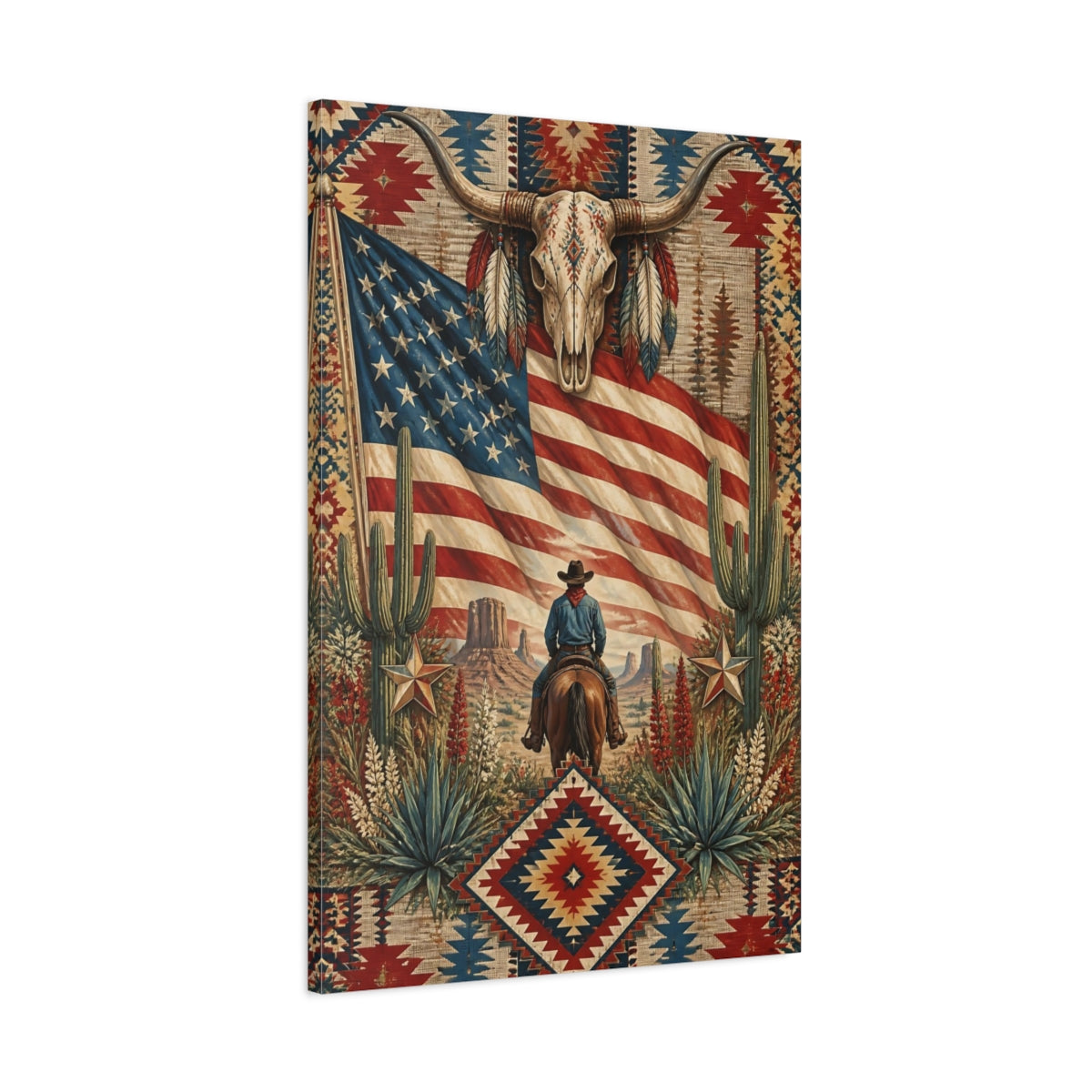 Main Mockup. Cowboy With American Flag shown as canvas print