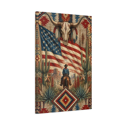 Main Mockup. Cowboy With American Flag shown as canvas print