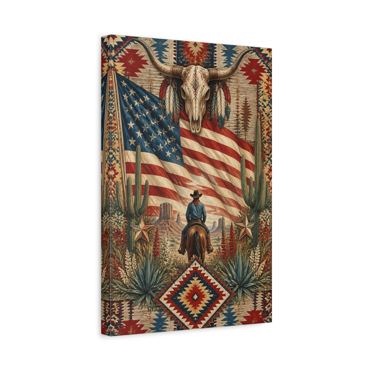 Side Mockup 4. Cowboy With American Flag shown as canvas print
