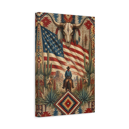 Side Mockup 4. Cowboy With American Flag shown as canvas print