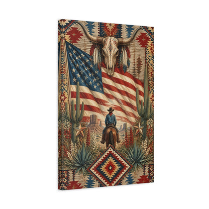 Side Mockup 3. Cowboy With American Flag shown as canvas print