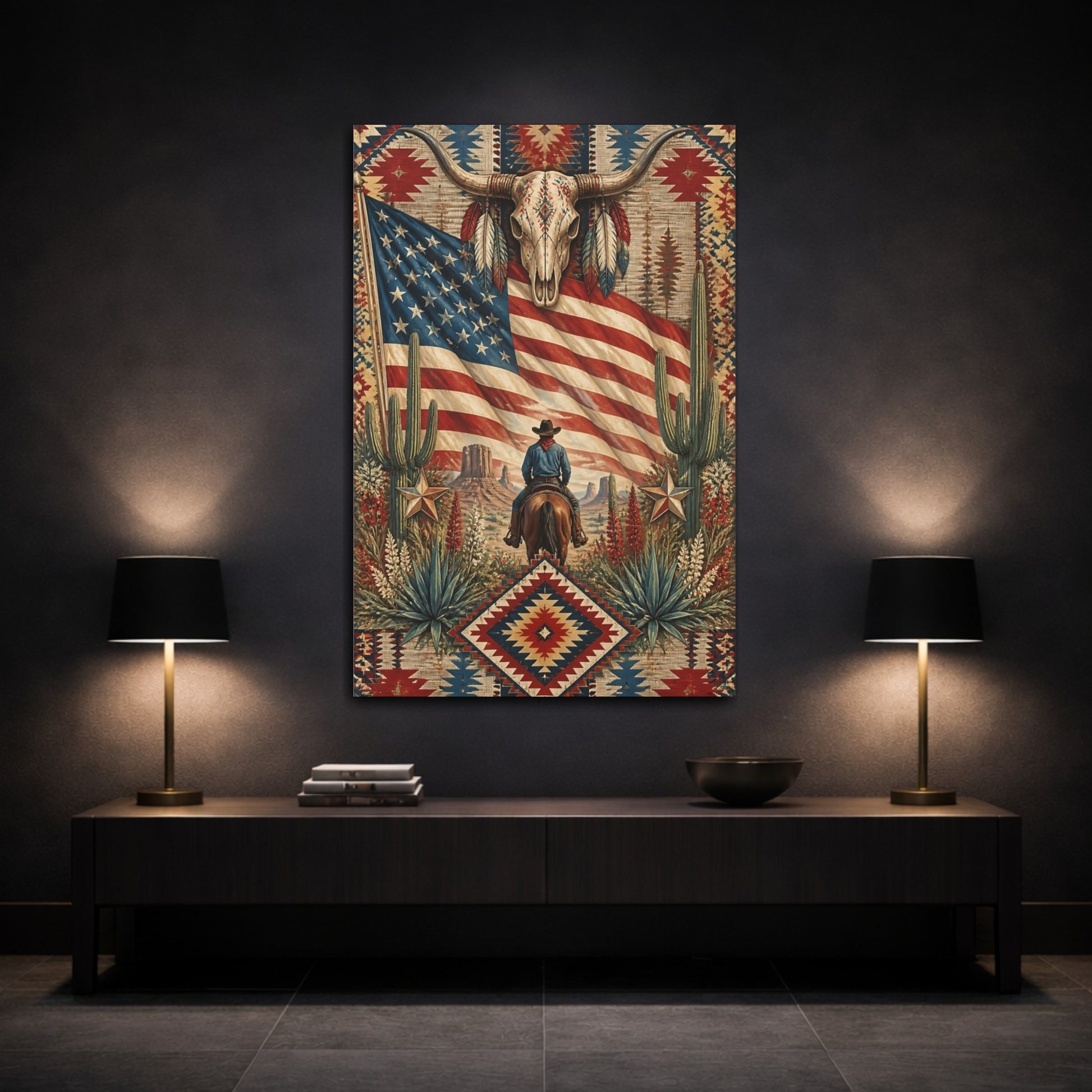 Mockup 3. Cowboy With American Flag shown as canvas print