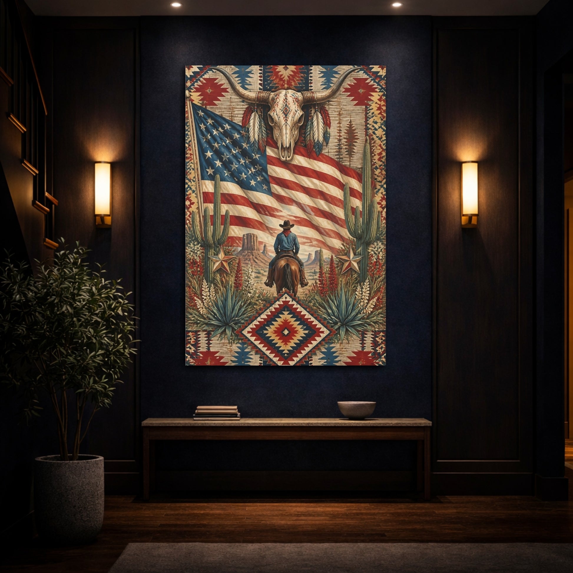 Mockup 4. Cowboy With American Flag shown as canvas print