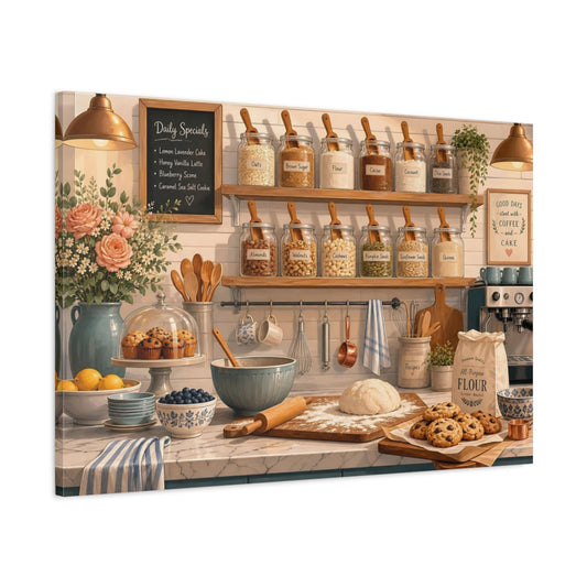 Main Mockup. Cozy Baking Kitchen Shelf shown as canvas print