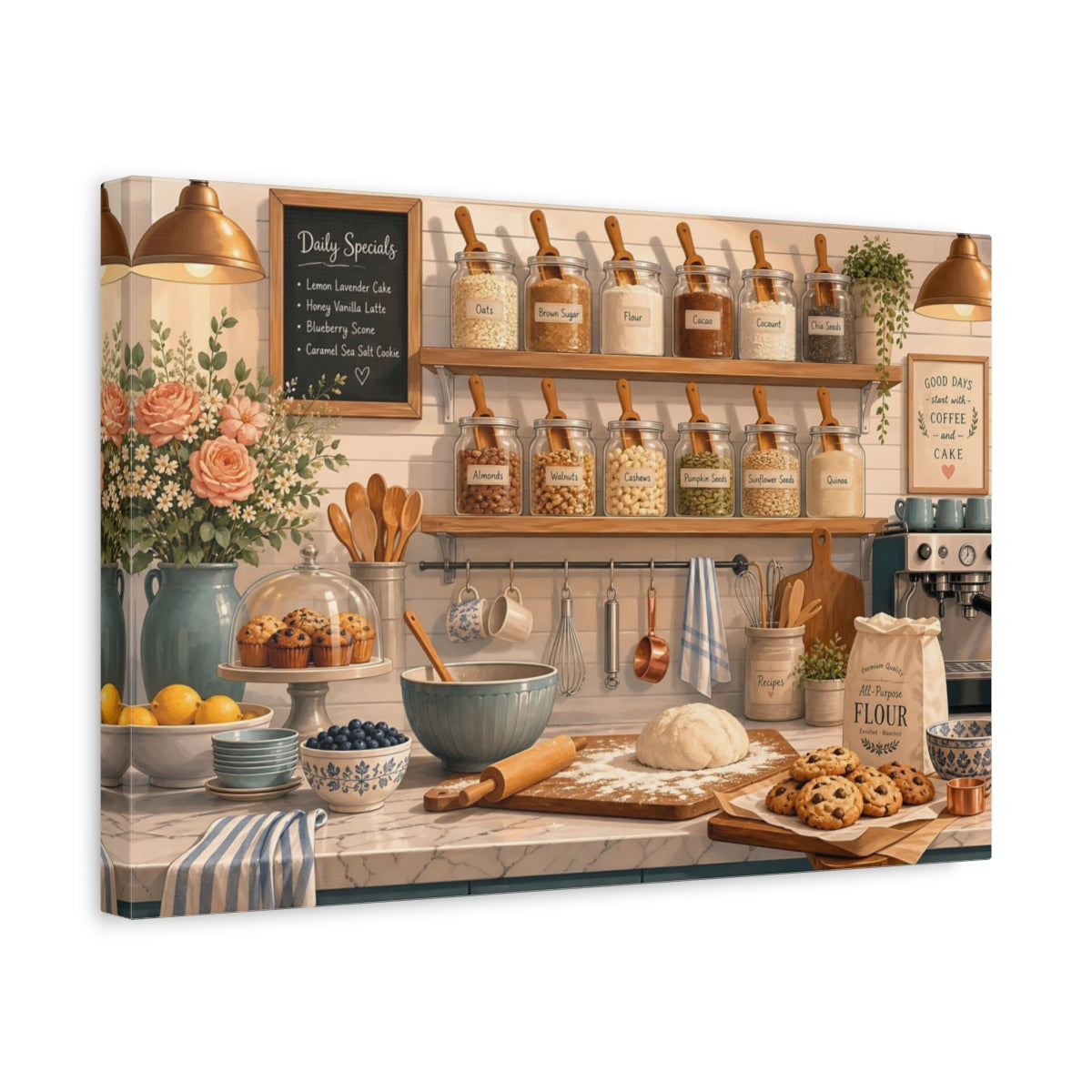 Side Mockup 4. Cozy Baking Kitchen Shelf shown as canvas print