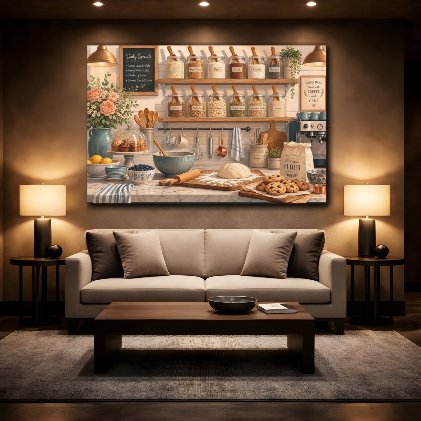 Mockup 2. Cozy Baking Kitchen Shelf shown as canvas print