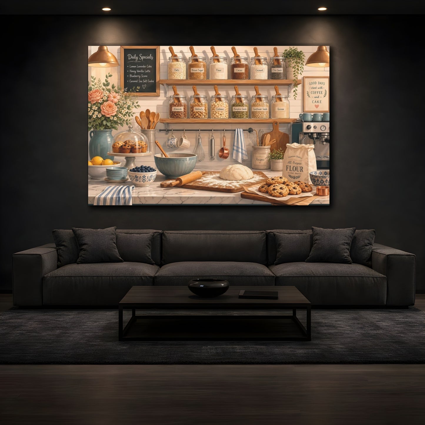 Mockup 3. Cozy Baking Kitchen Shelf shown as canvas print