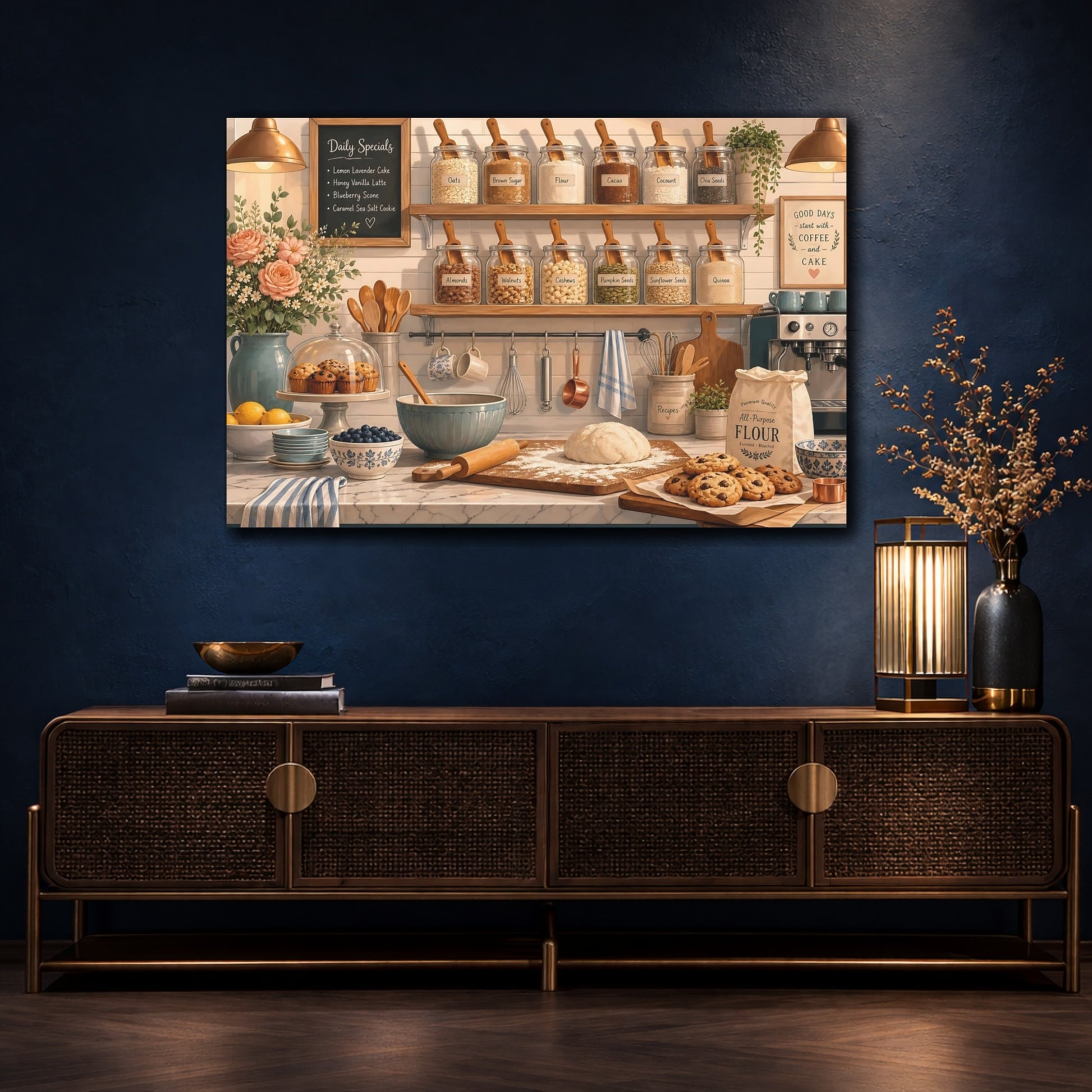 Mockup 4. Cozy Baking Kitchen Shelf shown as canvas print