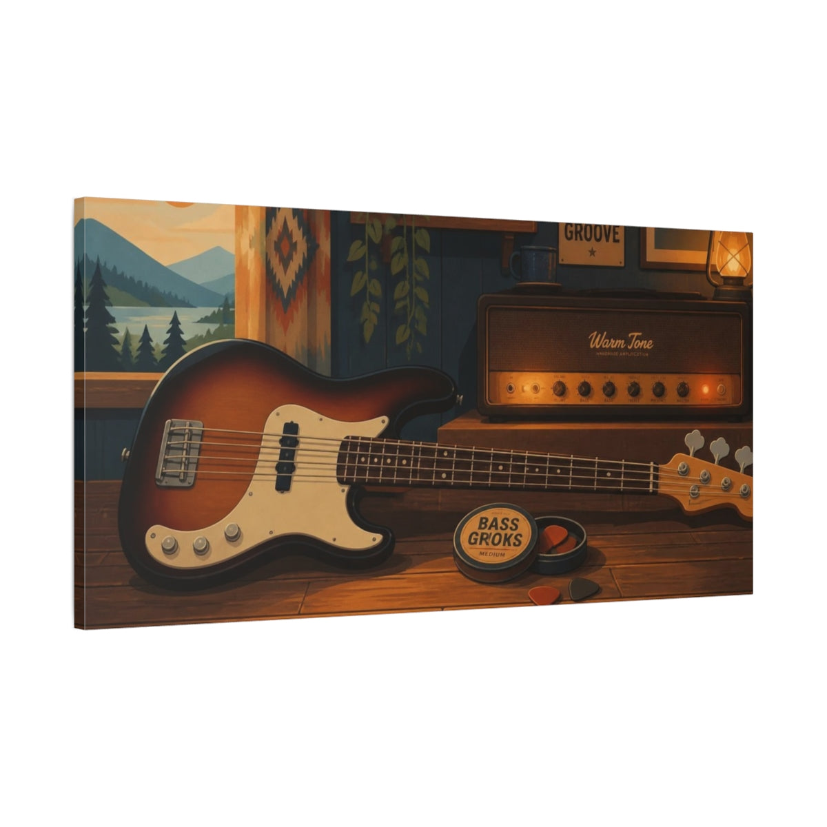 Main Mockup. Cozy Cabin Bass shown as canvas print