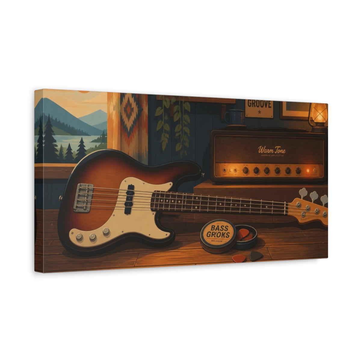 Side Mockup 3. Cozy Cabin Bass shown as canvas print