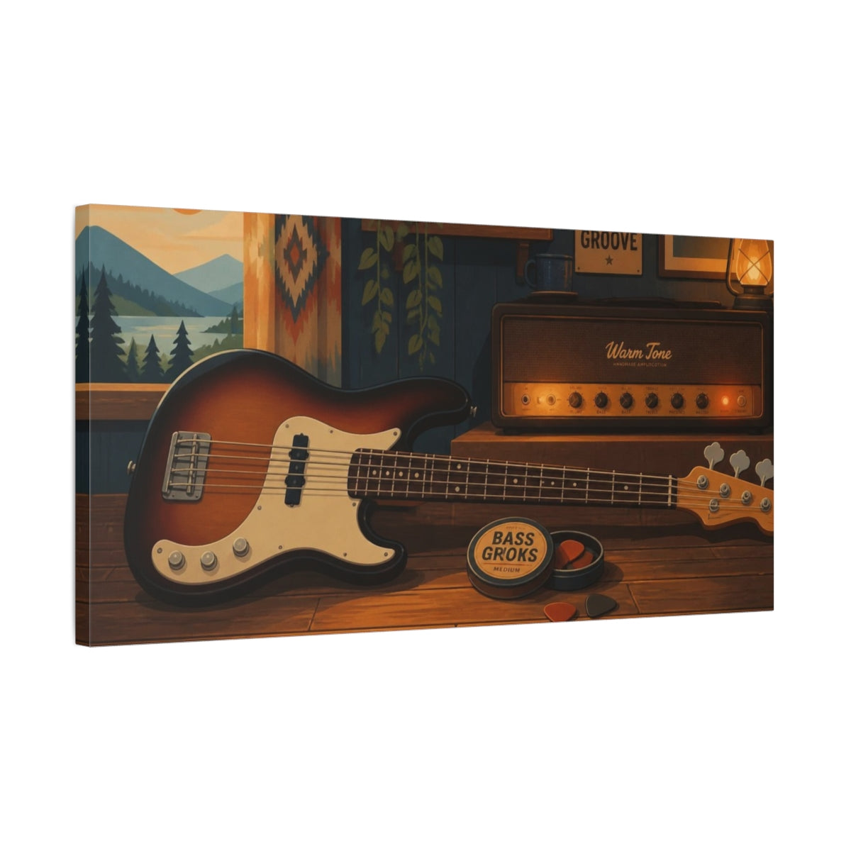 Side Mockup 1. Cozy Cabin Bass shown as canvas print