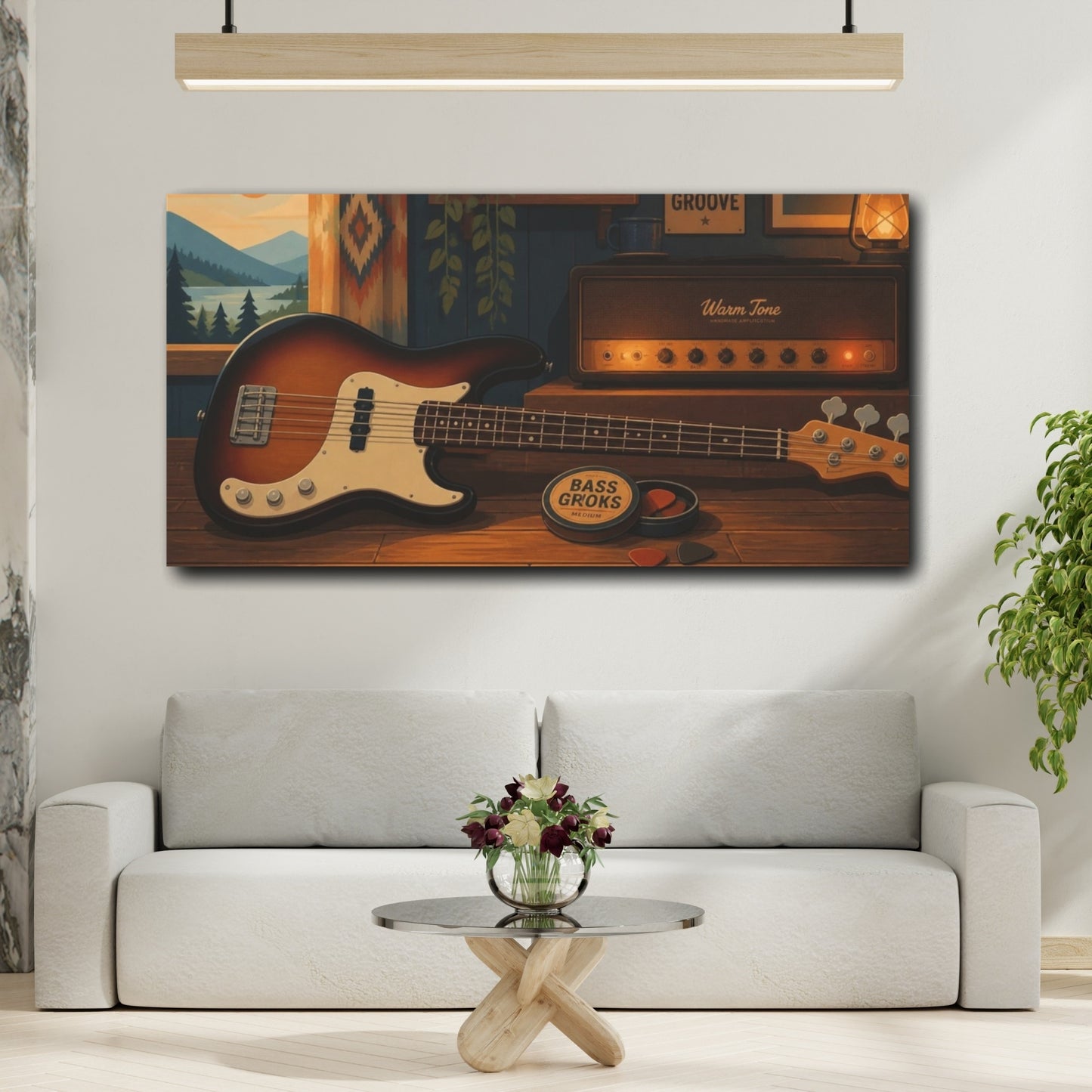 Mockup 2. Cozy Cabin Bass shown as canvas print