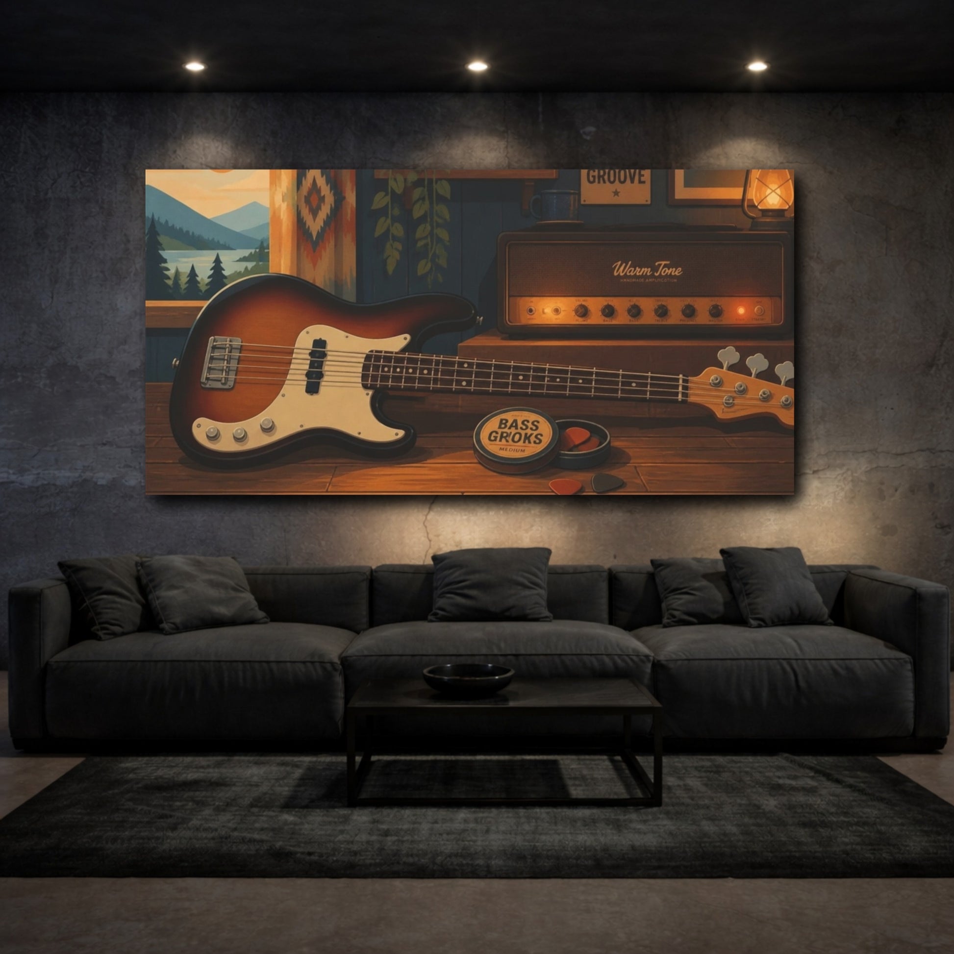 Mockup 3. Cozy Cabin Bass shown as canvas print