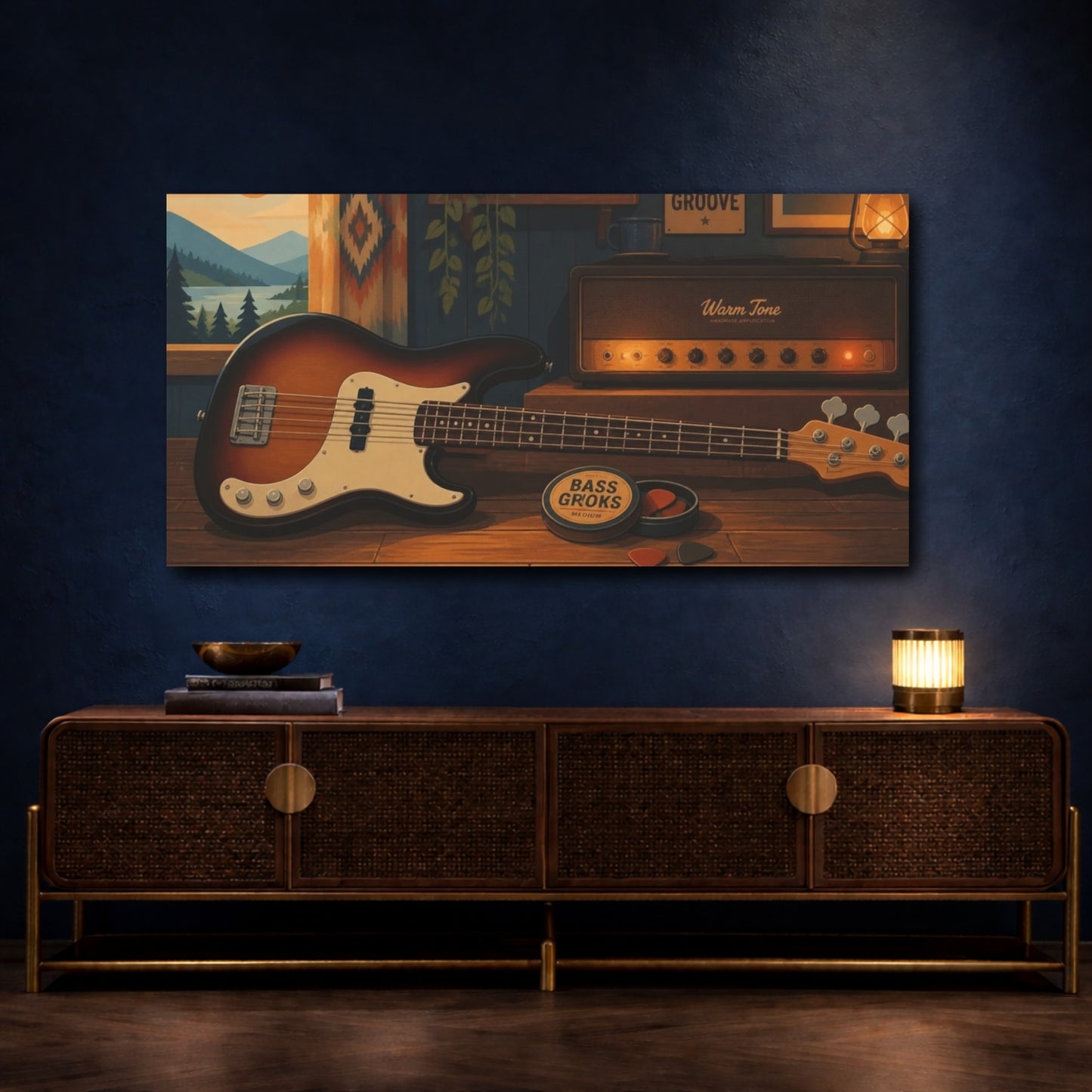 Mockup 4. Cozy Cabin Bass shown as canvas print