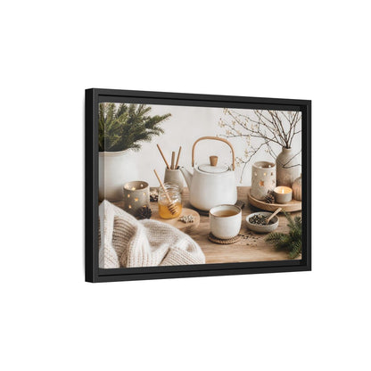Side Mockup 6. Cozy Ceramic Tea Still Life shown as framed canvas print