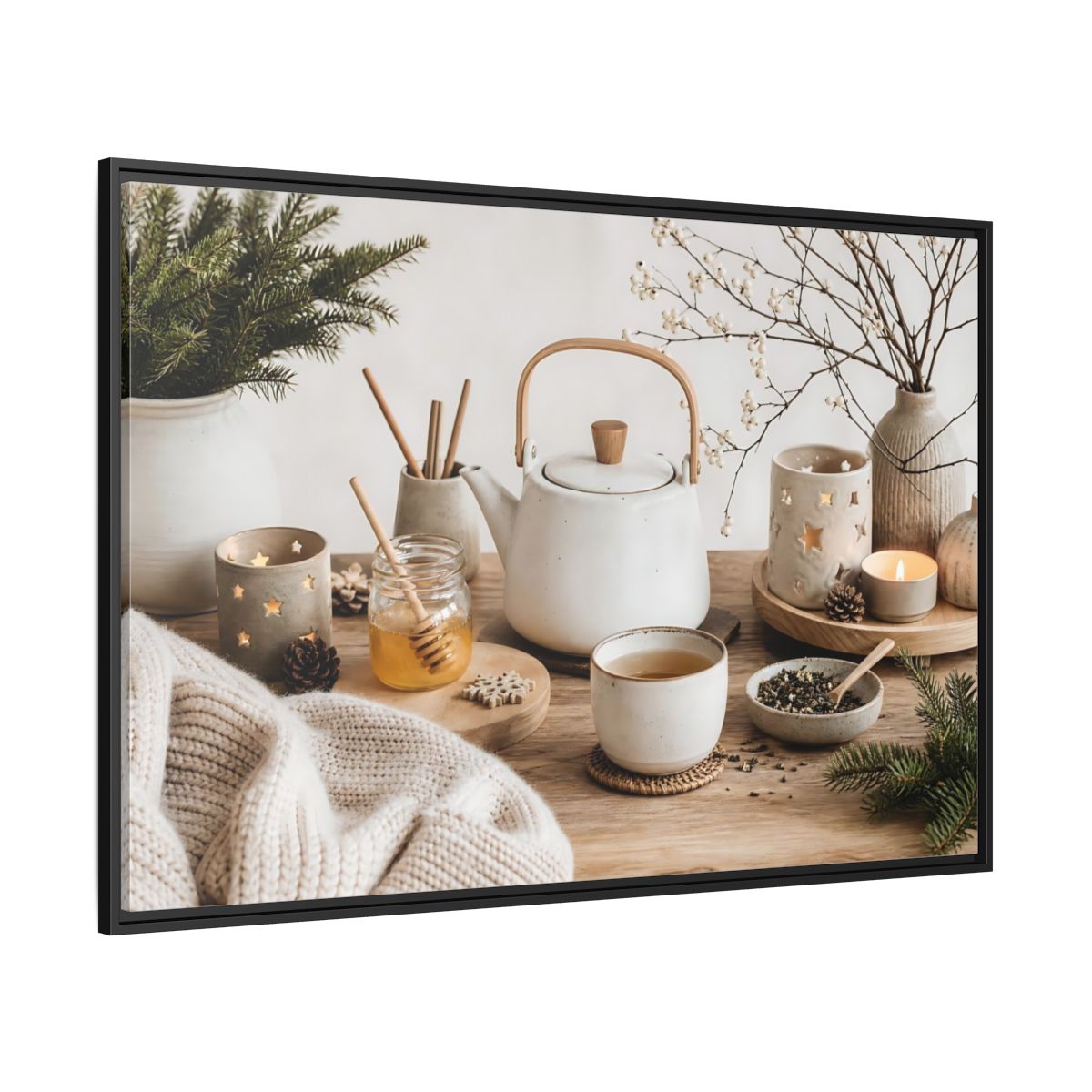 Side Mockup 12. Cozy Ceramic Tea Still Life shown as framed canvas print