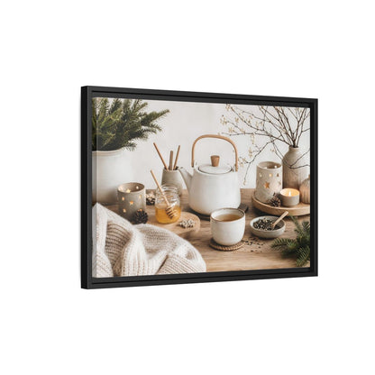 Side Mockup 3. Cozy Ceramic Tea Still Life shown as framed canvas print