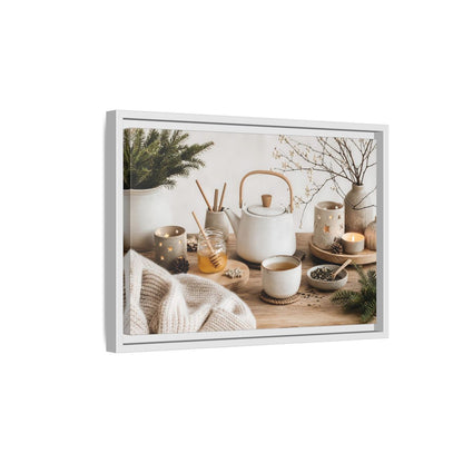Side Mockup 4. Cozy Ceramic Tea Still Life shown as framed canvas print