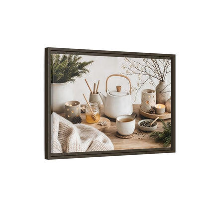 Side Mockup 2. Cozy Ceramic Tea Still Life shown as framed canvas print