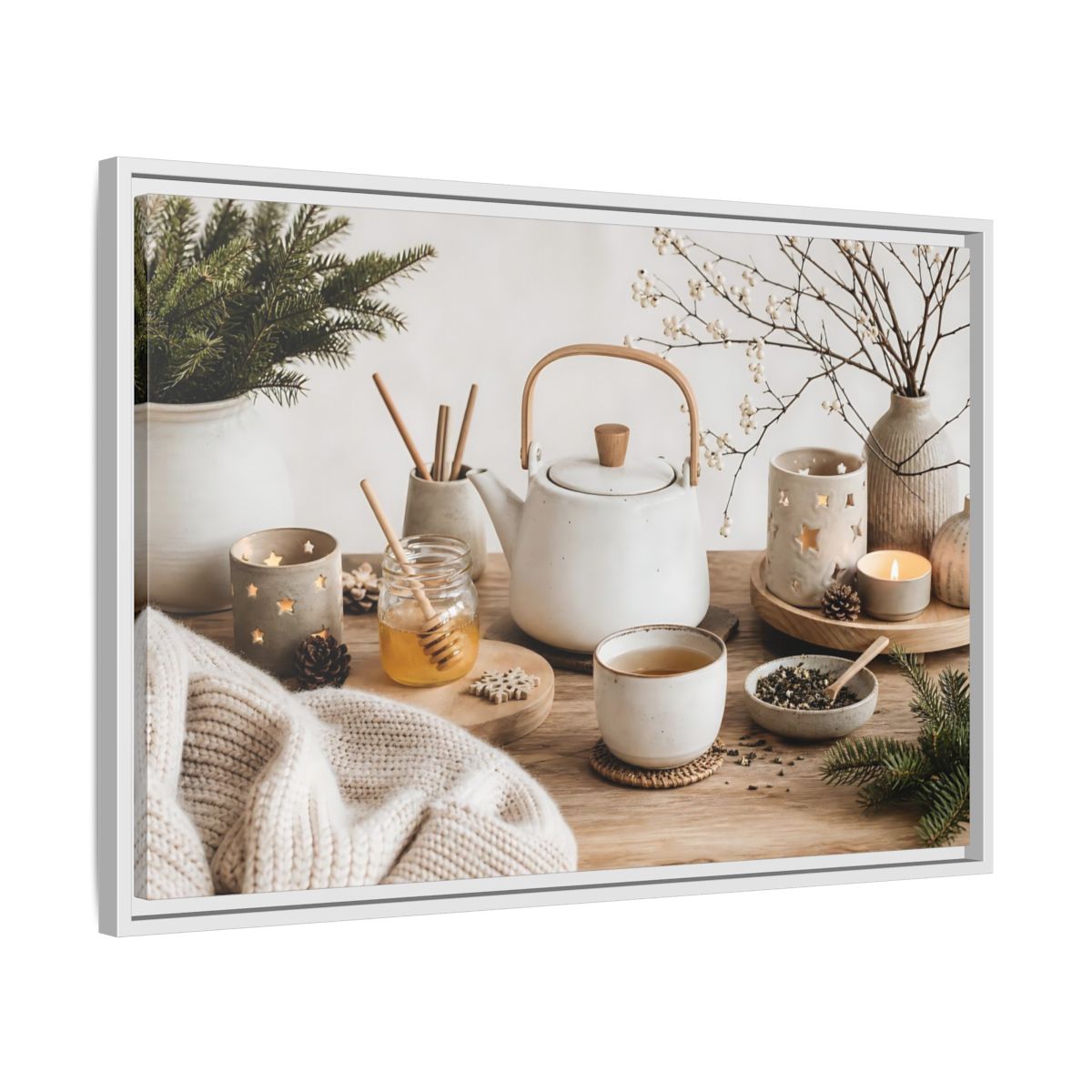 Side Mockup 10. Cozy Ceramic Tea Still Life shown as framed canvas print