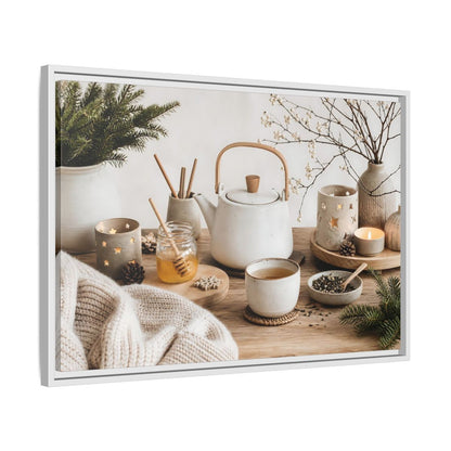 Side Mockup 10. Cozy Ceramic Tea Still Life shown as framed canvas print