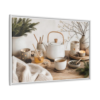 Side Mockup 9. Cozy Ceramic Tea Still Life shown as framed canvas print