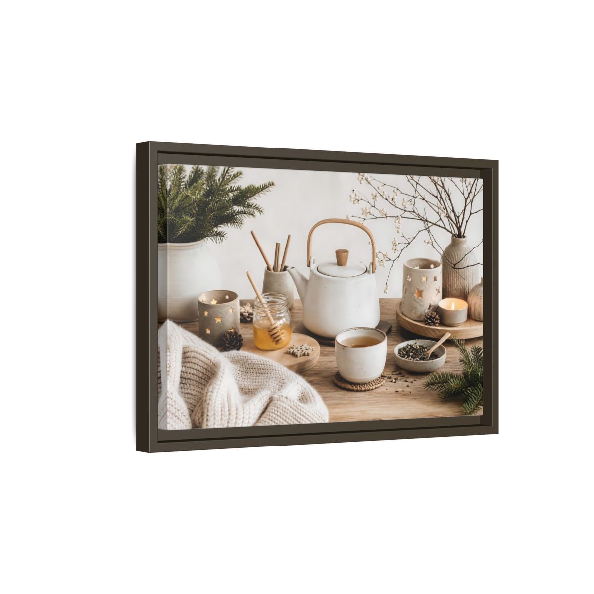 Side Mockup 5. Cozy Ceramic Tea Still Life shown as framed canvas print