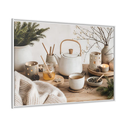 Side Mockup 7. Cozy Ceramic Tea Still Life shown as framed canvas print