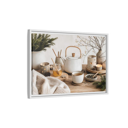 Side Mockup 1. Cozy Ceramic Tea Still Life shown as framed canvas print