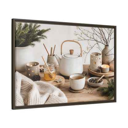 Main Mockup. Cozy Ceramic Tea Still Life shown as framed canvas print