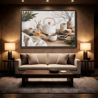 Mockup 2. Cozy Ceramic Tea Still Life shown as framed canvas print
