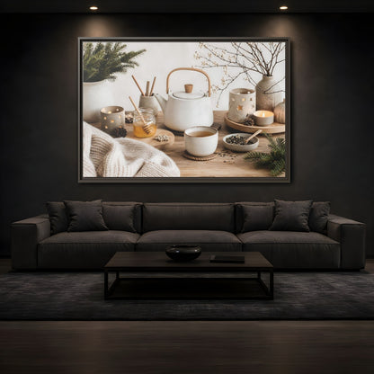 Mockup 3. Cozy Ceramic Tea Still Life shown as framed canvas print