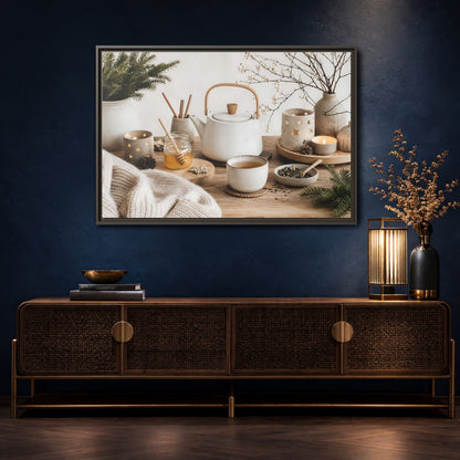 Mockup 4. Cozy Ceramic Tea Still Life shown as framed canvas print