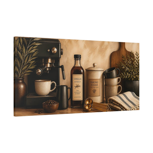 Main Mockup. Cozy Coffee Counter Display shown as canvas print
