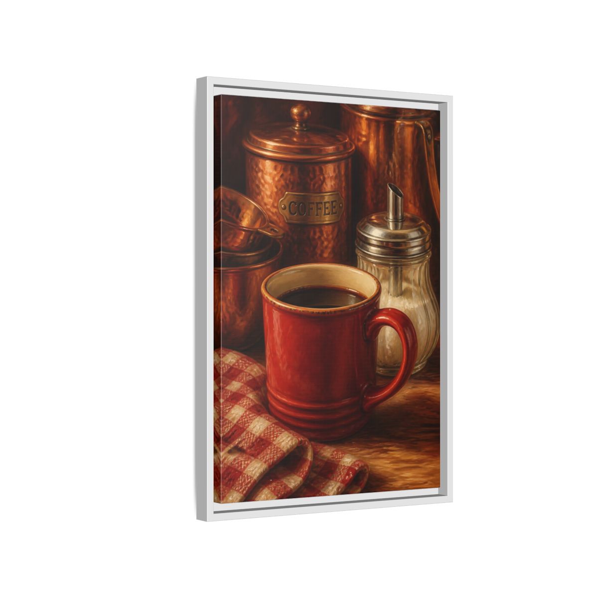 Side Mockup 1. Cozy Copper Coffee Mug shown as framed canvas print