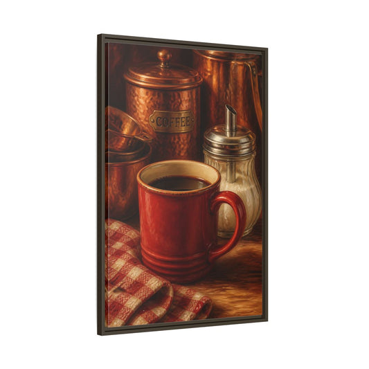 Main Mockup. Cozy Copper Coffee Mug shown as framed canvas print