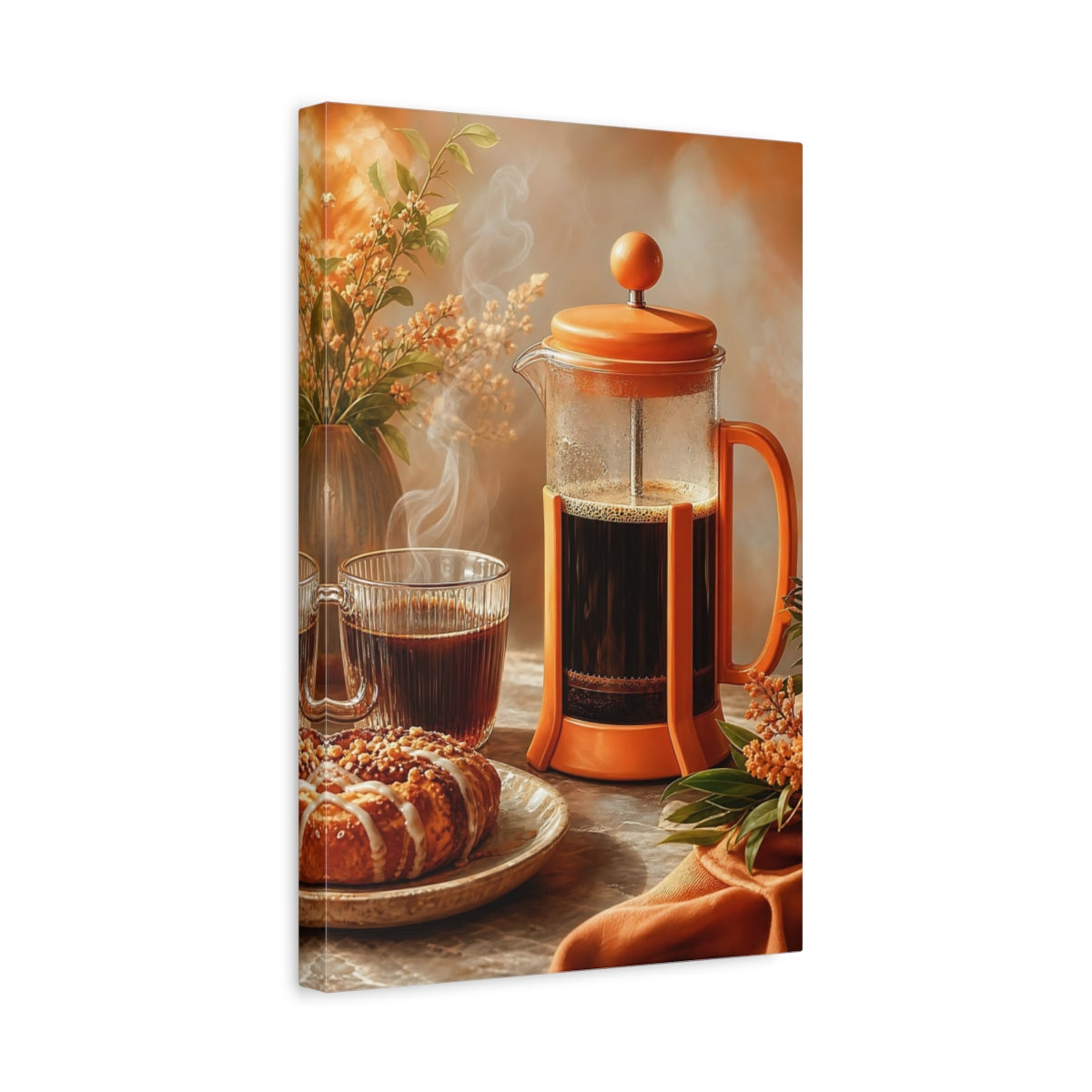 Side Mockup 4. Cozy French Press Morning shown as canvas print