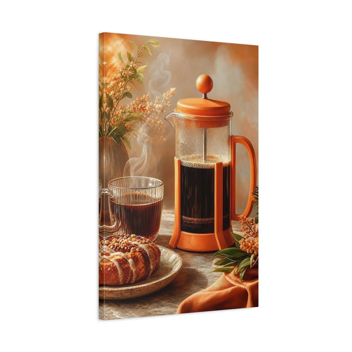 Side Mockup 2. Cozy French Press Morning shown as canvas print