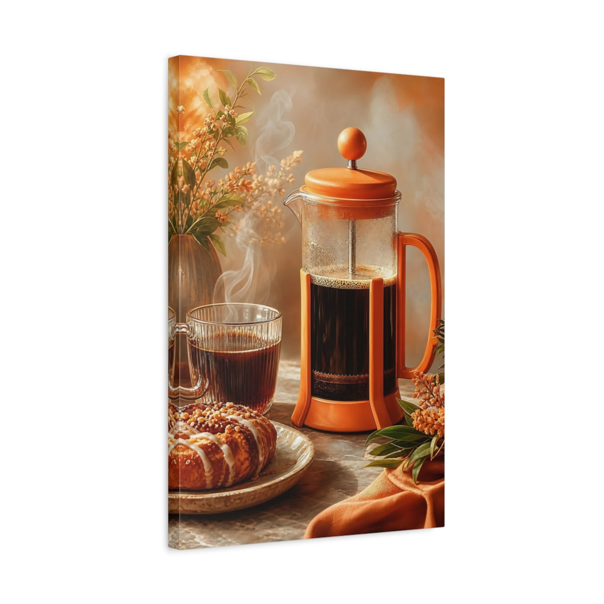Side Mockup 3. Cozy French Press Morning shown as canvas print
