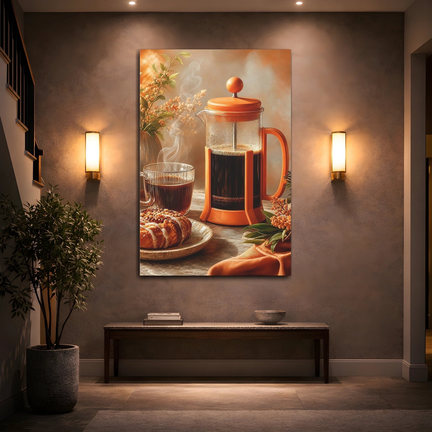 Mockup 2. Cozy French Press Morning shown as canvas print